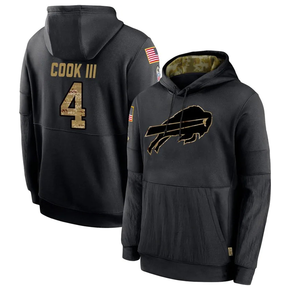 B.Bills #4 James Cook III Player Salute to Service Black Hoodies Football Jerseys