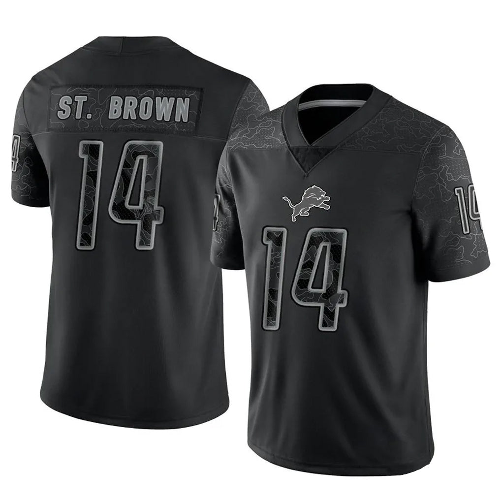 D.Lions #14 Amon-Ra St. Brown Player Black REFLECTIVE Limited Football Jerseys