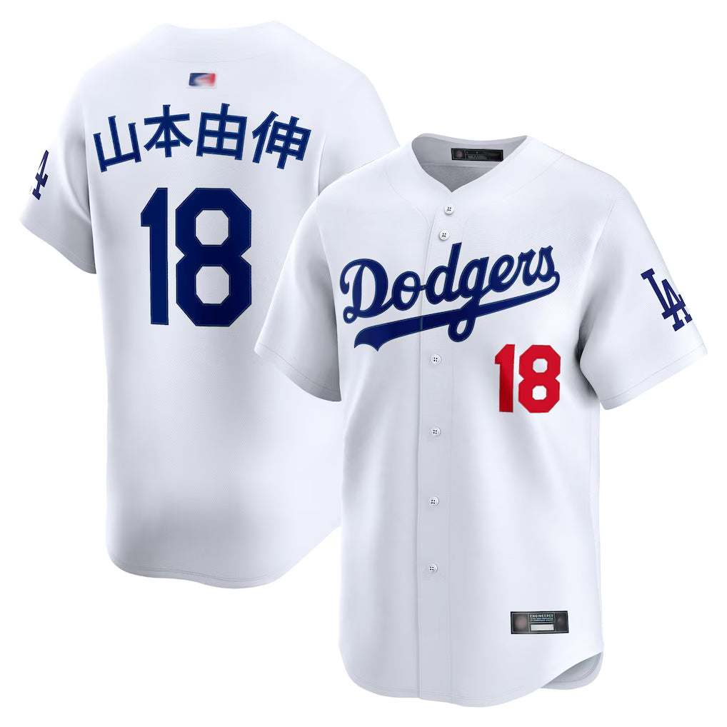 LA.Dodgers #18 Yoshinobu Yamamoto White Home Kanji Limited Baseball Jerseys